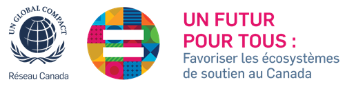 Le logo du Réseau Canada Pacte Mondial de l'ONU à côté d'un cercle multicolore avec un signe égal au milieu, suivi du texte "Un future pour tous : Favoriser les écosystèmes de soutien au Canada".